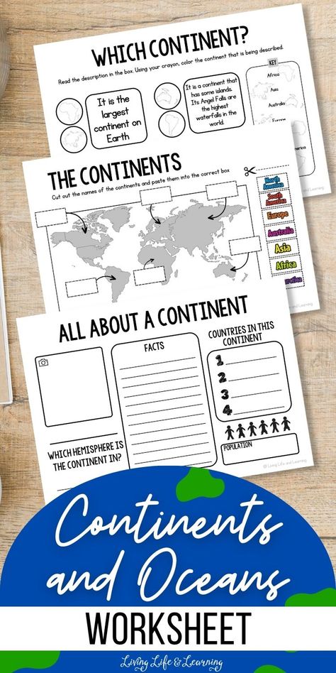 Get ready for an epic adventure across the globe with my exciting Continents and Oceans Worksheet! Dive into the world of geography as your little ones explore the continents and oceans through fun and interactive activities. Ignite their curiosity and expand their knowledge while having a blast. Spark their love for learning and make geography come alive with this engaging homeschool resource! Continents Activities For Kids, Continents Lesson Plan, Continent Study Kindergarten, Oceans And Continents Activities, Continent And Ocean Worksheet, Continents And Oceans Printables Free, 1st Grade Continents And Oceans, World Geography Lessons, Continents Song