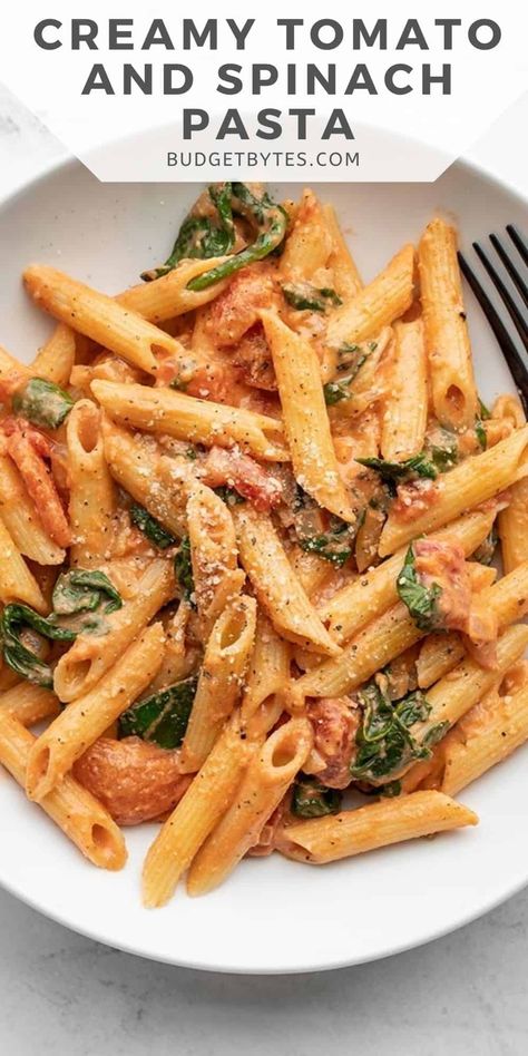 Easier than a box meal, this creamy tomato and spinach pasta is also more flavorful and delicious. Perfect for busy weeknights! Tomato And Spinach Pasta, Spinach Pasta Recipes, Makanan Italia, Creamy Tomato Pasta, Pasta Sauces, Pasta Dinner Recipes, Spinach Pasta, Vegetarian Pasta, Tasty Vegetarian Recipes