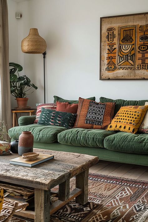 Mustard Living Rooms, Green Sofa Living, Green Couch Living Room, Furnitur Ruang Keluarga, Boho Living Room Decor, Living Room Green, Boho Living Room, Couches Living Room, Apartment Living Room