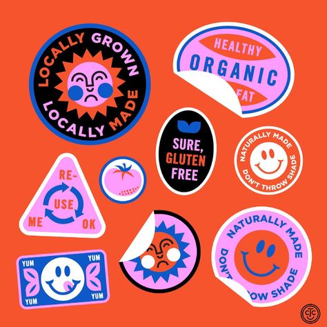 While making my SUNday Sun this morning, here’s a few of the little food stickers I made along the ride. #SUNdaySuns | Instagram Tad Carpenter, Sticker Design Inspiration, Flyer Design Inspiration, Design Brochure, Food Stickers, Badge Design, Cool Stickers, Vintage Poster, Design Reference