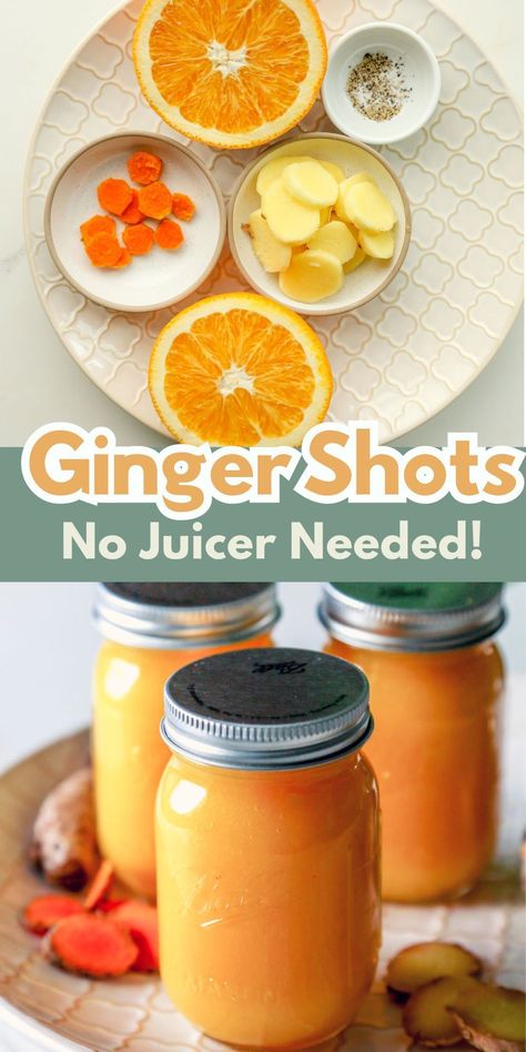 This Ginger Shot Recipe is easy to make and requires only 4 ingredients! There's no need to have a fancy juicer. It can be made in your blender! #gingershots #healthy #cleaneating Ginger Shot Recipe, Ginger Shots, Herbal Remedies Recipes, Ginger Drink, Turmeric Recipes, Ginger Shot, Wellness Shots, Juicer Recipes, Healthy Drinks Smoothies