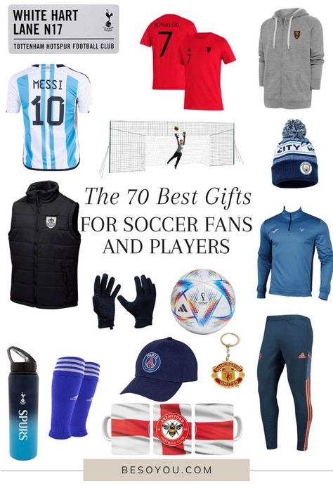 If you love someone who loves soccer, you'll love our list of the best gifts for soccer fans and players! See 70 gift ideas for soccer fans from a former pro soccer player. Learn about the best jerseys, training and workout gear, memorabilia and even Ted Lasso gear your soccer enthusiast is sure to love. Visit the post for all 70 gift ideas. Gift For Soccer Boyfriend, Soccer Christmas Gifts, Gifts For Soccer Boyfriend, Gift Ideas For Football Players, Football Gift Ideas For Players, Football Related Gifts, Soccer Boyfriend Gifts, Christmas Gifts For Soccer Players, Football Player Gifts Ideas