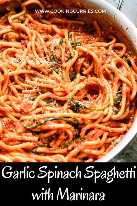 Spinach And Spaghetti Recipes, High Protein Vegetarian Spaghetti, Vegetarian Marinara Pasta, Health Spaghetti Recipes, Spinach Marinara Pasta, Marinara Spaghetti Recipes, Spaghetti Recipes With Spinach, Vegetarian Speggetti, Spaghetti Sauce With Spinach