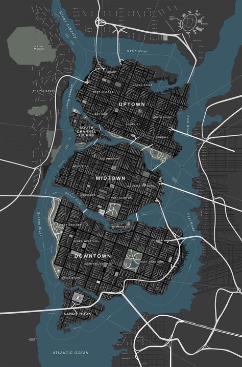 Gotham City (Nolanverse) | Batman Wiki | Fandom Gotham City Map, Batman Origins, Maps Design, Imaginary Maps, City Layout, Univers Dc, Septième Art, Rpg Map, Remote Sensing