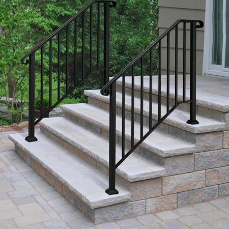 Porch Step Railing, Front Porch Stairs, Exterior Stair Railing, Porch Handrails, Black Stair Railing, Outside Steps, Outdoor Handrail, Patio Stairs, Outdoor Stair Railing