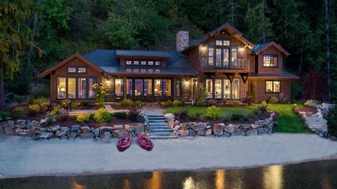 Home on Lake Pend Oreille. Design by Hendricks Architecture. Barry Fisher Construction. Timber Frame Cabin, Sandpoint Idaho, Rustic Lake Houses, Lake Houses Exterior, Lakeside Living, Lake House Plans, Architecture Model Making, Log Cabin Homes, Timber House