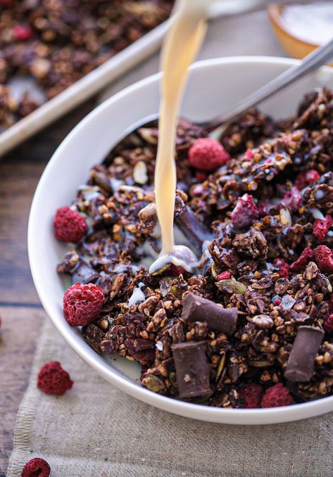 Recipes With Granola, Granola Breakfast Ideas, Granola Nut Free, Raspberry Recipes Healthy, Wandering Chickpea, Chocolate Granola Recipe, Raspberry Granola, Raspberry Breakfast, Nut Free Snacks