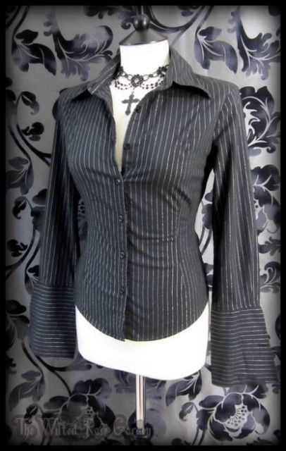 Goth Black Silver Pinstripe Large Cuff Fitted Blouse 8 10 Steampunk Victorian | THE WILTED ROSE GARDEN on eBay // Worldwide Shipping Available Black Clothes Ideas, Goth Blouse Outfit, Fitted Shirt Outfit Women, Black Pants White Shirt Outfit, Victorian Inspired Outfits, Victorian Goth Outfits, Goth Style Outfits, Black Striped Shirt Outfit, Corporate Goth Outfits