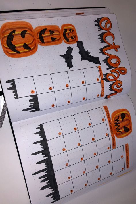 Halloween Calander Ideas, October Calander Ideas, October Journaling Ideas, October Calender Ideas, October Monthly Spread Bullet Journal, October Dry Erase Calendar Ideas, October Journal Spread, October Whiteboard Calendar, October Bullet Journal Weekly Spread