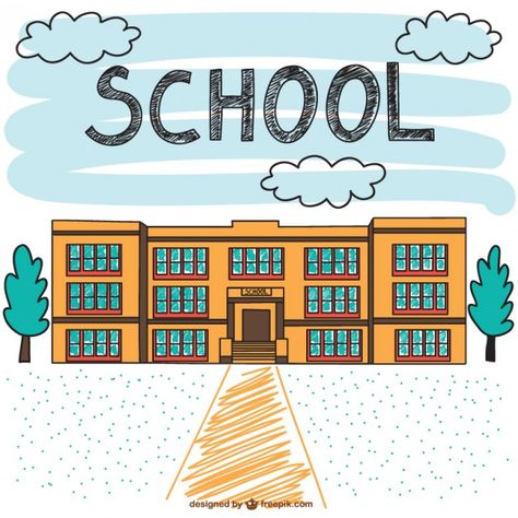 School-building-hand-drawn-scene  - Freepik.com-School - Pin-15 Graphic Design Teacher, School Drawing, School Building Design, School Illustration, Retro School, School Images, Building Drawing, Kids Background, School Clipart