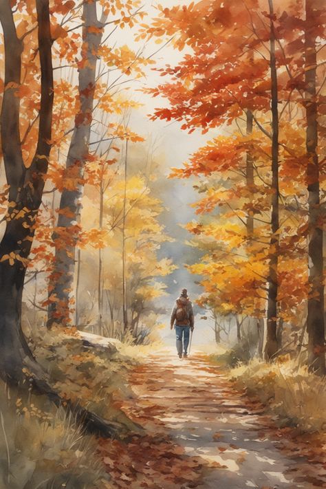 Fall Forest Watercolor, Autumn Forest Drawing, Fall Scene Drawing, Autumn Forest Illustration, Autumn Forest Painting, Forest Drawing, Fall Canvas Painting, Fall Landscape Photography, Landscape Painting Tutorial