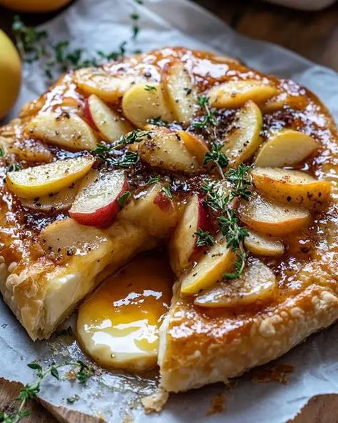 Golden baked brie topped with caramelized apples and fresh thyme creates a warm, savory-sweet appetizer perfect for holidays. Apple Baked Brie, Brie Cheese Recipes, Baked Brie Recipes, Cheese Crostini, Caramelized Apples, Goat Cheese Crostini, Sweet Appetizer, Brie Appetizer, Thyme Recipes