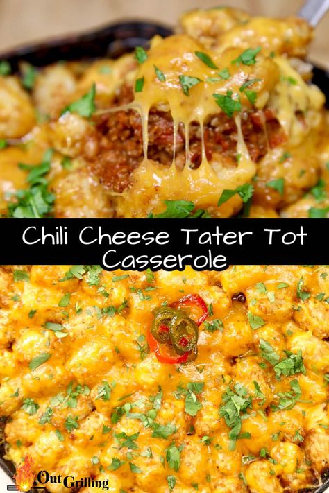 Chili Cheese Tater Tot Casserole is an easy weeknight dinner and so easy to make on the grill. A quick ground beef chili topped with frozen tater tots and plenty of melted cheese is an irresistible combination. Chili Cheese Tater Tot Casserole, Cheese Tater Tot Casserole, Cheesy Tots, Chili Cheese Tater Tots, Tots Recipes, Minnesota Hot Dish, Tot Recipes, Frozen Tater Tots, Ground Beef Chili