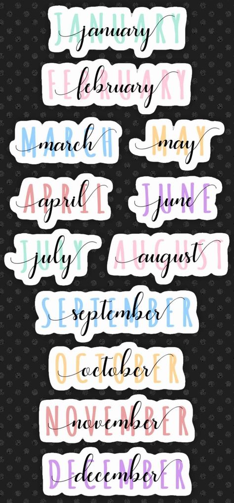 Pastel Calligraphy Months of the year Headers Calligraphy Stickers Printable, Journal Stickers Drawing Ideas, Months Lettering Fonts, Hand Lettering Months Of The Year, Months In Different Fonts, May In Different Fonts, Month Calligraphy Hand Lettering, & Calligraphy, Month Writing Fonts