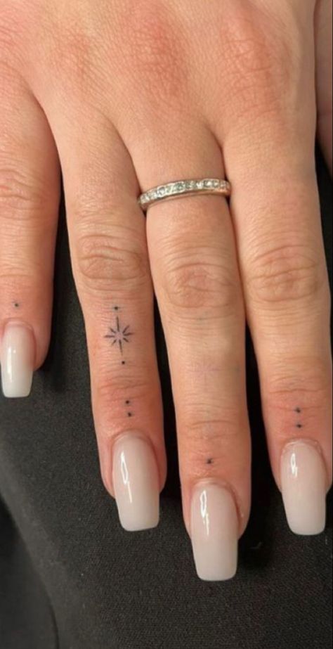 Pretty Finger Tattoos Simple, Stick N Poke Tattoos Fingers, 999 Hand Tattoo, Small Hands Tattoo, Nails Symbols, Micro Finger Tattoo, Tiny Tattoos Hand, Finger Tattoos Stars, Tattoo Ideas On Finger