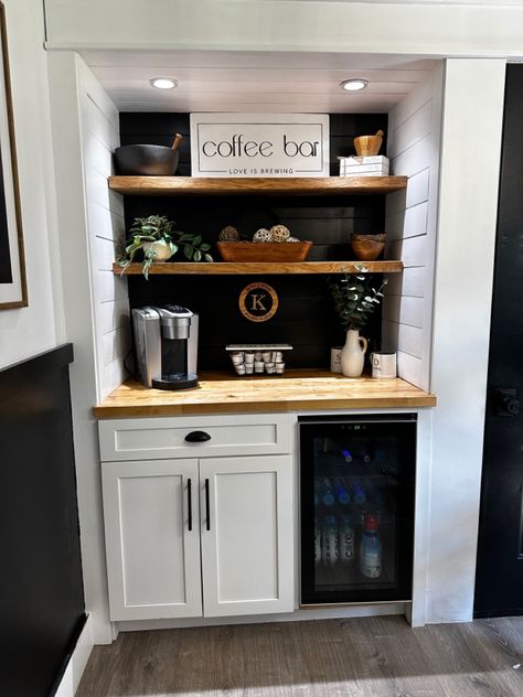 Our Coffee bar Coffee And Drink Bar Station, Coffee Station In Master Suite, Coffee Bar From Kitchen Desk, Coffee Bar In Primary Bedroom, Dry Bar With Butcher Block Top, Coffee And Smoothie Bar In Kitchen, Coffee Bar Built In Kitchen, Built In Bar Diy, Pantry To Coffee Bar