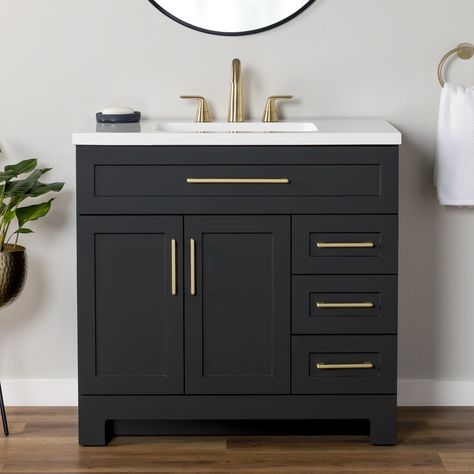 37” Bathroom Vanity, Small White Bathroom With Black Accents, Bathroom Vanity Side Splash, Bathroom Cabinets Single Sink, Bathroom Vanity Ideas 36 Inch, Half Bath Sink Vanity, Black Bath Vanity, Black Vanity Hardware, Black Vanities Bathroom