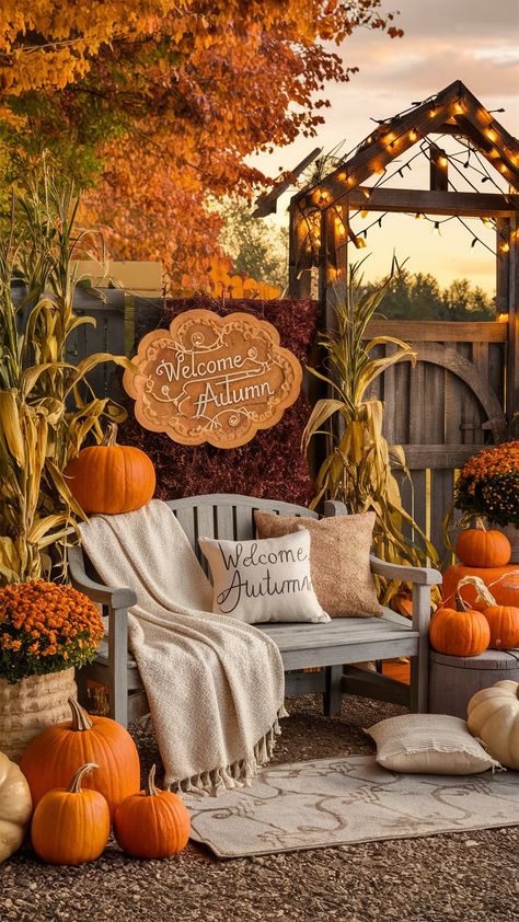 Stand out this fall with our handpicked outdoor fall decor ideas. Perfect for adding a touch of elegance to your home's exterior. Outdoor Fall Scene, Fall Outdoor Seating Area, Fall Harvest Photo Booth Ideas, Fall Farm Stand Ideas, Fall Themed Photo Booth Backdrop, Outdoor Fall Party Decor Ideas, Pumpkin Decorations Outdoor, Outdoor Fall Display, Autumn Garden Decoration