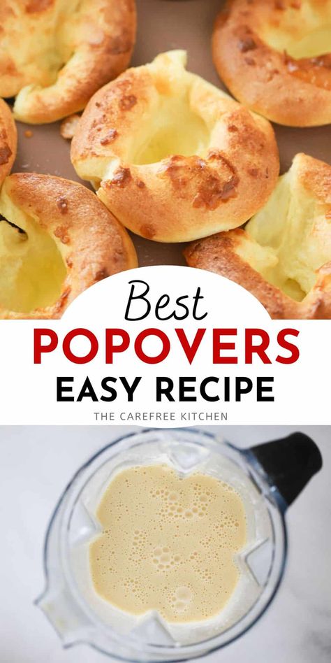 4 Ingredient Popover Bread, Pop Overs Recipe Breakfast, Popovers Recipes Muffin Tins, Popover Bread, 4 Ingredient Popovers, Popover Pancake, Muffin Popovers, Popovers Recipe, Mary Makes It Easy Recipes Popovers