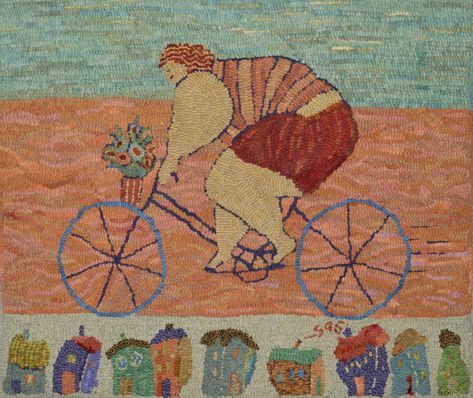 Woman on bicycle, hooked rug. by Sharon Smith Free Motion Embroidery Applique, Sharon Smith, Artistic Rugs, Locker Hooking, Rug Hooking Designs, Art Rugs, Hand Hooked Rugs, Rug Hooking Patterns, Rag Rugs