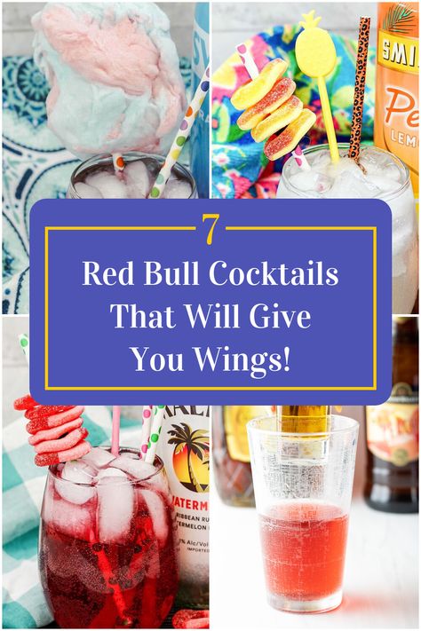 Collage of 4 red bull cocktails. Red Bull And Alcohol, Redbull Drink Recipes Alcohol, Watermelon Red Bull Cocktails, Redbull Vodka Recipe, Tropical Red Bull Cocktails, Rum And Red Bull, Alcoholic Drinks With Redbull, Red Bull Drinks Cocktails, Cocktails With Red Bull