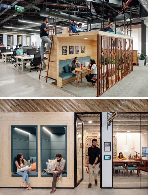 Work Cafe Office Coworking Space, Office Hub Design, Breakout Spaces In Offices, Creative Offices Workspaces, Fun Coworking Space, Hip Office Space, Office Dividers Ideas, Open Coworking Space, Best Office Space Design