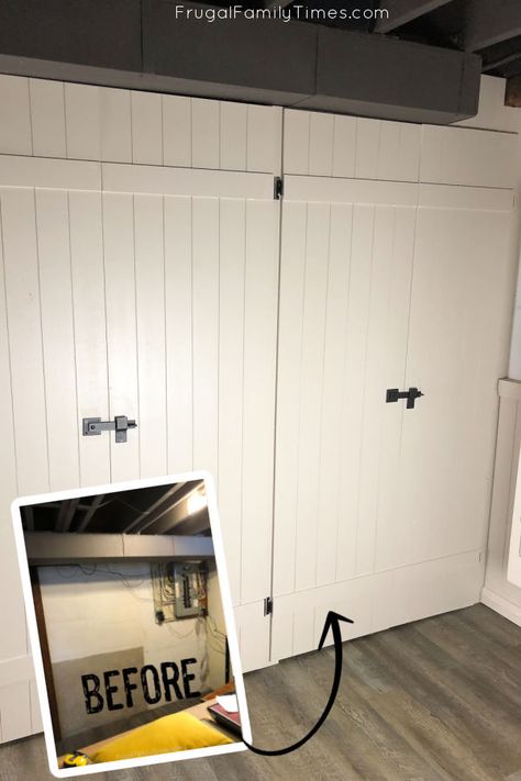 Hiding Wires In Basement Ceiling, Vertical Shiplap Basement, Diy Basement Storage, Sunroom Table, Basement Storage Cabinets, Diy Basement Decor, Hide Electrical Panel, Basement Built Ins, Basement Storage Shelves