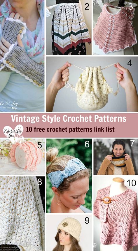 Vintage Style Crochet Patterns - 10 free crochet pattern link list #crochet #vintagestyle #freecrochetpatterns Vintage Crochet Patterns Free, Random Crochet, Crocheted Shawls, Crochet Crown, Crochet Squares Afghan, Bohemian Crochet, Crochet Santa, Vintage Crochet Patterns, Vintage Crochet Pattern