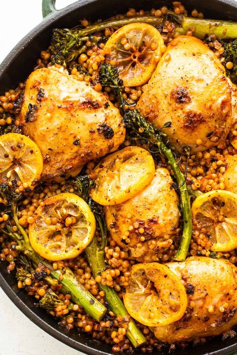 Lemon Chicken Marinade, Broccolini Recipe, Lemon Chicken Thighs, Chicken Couscous, Marinated Chicken Thighs, Chicken Skillet, Couscous Recipes, One Pot Chicken, Boneless Chicken Thighs