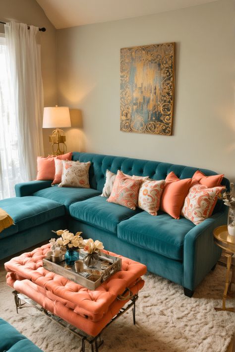 15 Teal Living Room Ideas Perfect for 2024 – The Crafty Hacks Teal Blue Sofa Living Room Ideas, Teal Sofa Living Room Color Palettes, Teal Couch Living Room, Open Kitchen Partition Ideas, Teal Living Room Ideas, Kitchen Partition Ideas, Teal Sofa Living Room, Coral Living Rooms, Teal Living Room