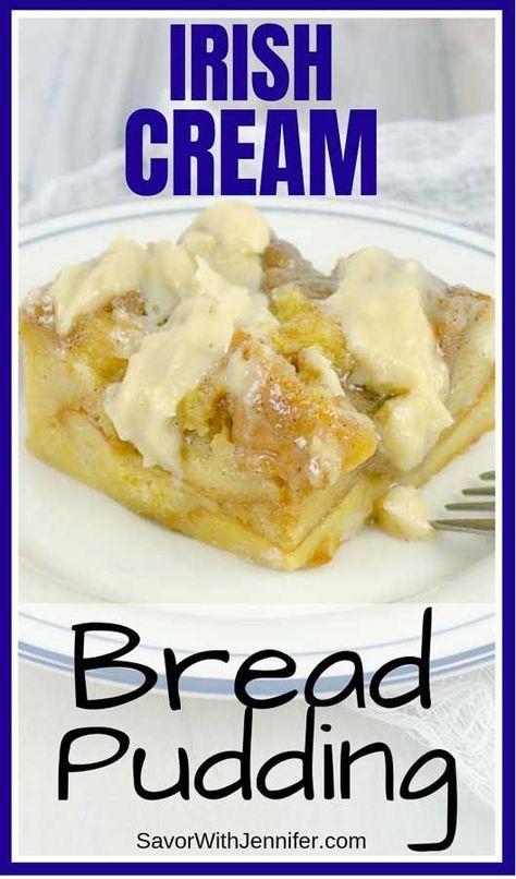 Warm bread pudding made with an Irish Cream infused custard, crumbly cinnamon streusel, and a cream cheese, Irish Cream drizzle. #savorwithjennifer #breadpudding #irishcream #baileys #stpatricksday #overnight #breakfastrecipe #holiday #dessertrecipe #brun Irish Bread Pudding, Custard Bread Pudding, Pudding Custard, Best Bread Pudding, Cream Bread, Custard Cream, Cream Custard, Best Bread, Cinnamon Streusel