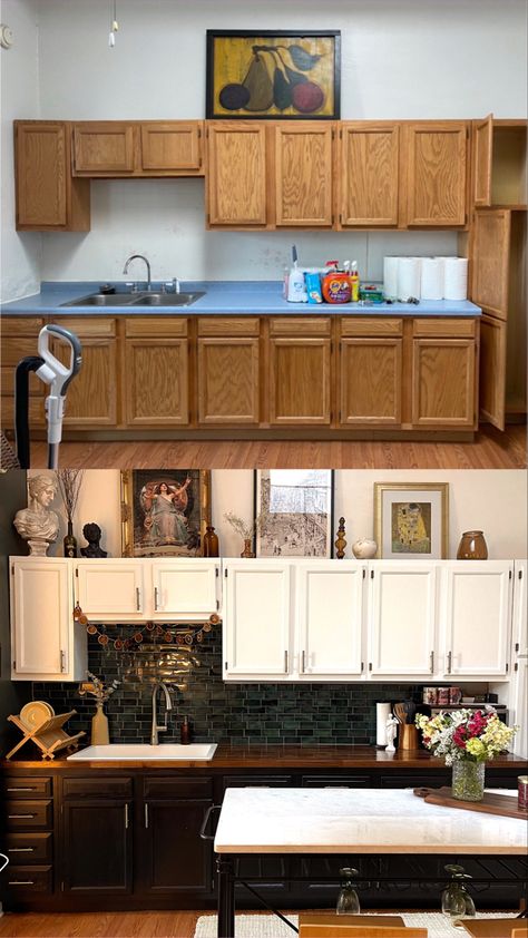 My rental kitchen renovation before and after Kitchen Apartment Makeover, Studio Renovation Before And After, Rental Remodel Budget, Before And After Rental Makeovers, Apartment Before And After Decor, Old Kitchen Before And After, Diy Kitchen Cabinets Rental Friendly, Small Kitchen Makeover Before And After, Old Kitchen Makeover Before After