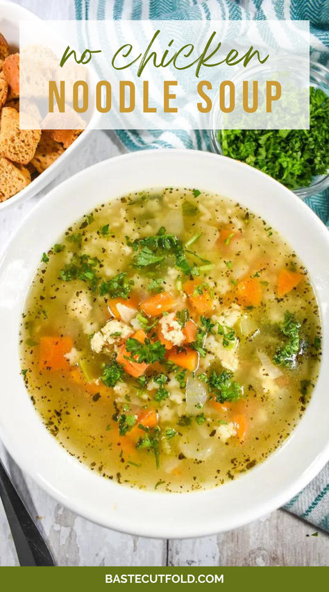 This vegetarian "no chicken noodle" soup recipe provides a meatless alternative to traditional chicken noodle. Vegetarian Chicken Dumpling Soup, Vegan Chicken Noodle Soup Crockpot, Chicken Noodle Soup With Broccoli, No Noodle Chicken Soup, Lentil Chicken Noodle Soup, Chicken Noodle Soup Vegetarian, Vegetarian Chicken Soup, Chicken Soup Without Noodles, Meatless Chicken Noodle Soup