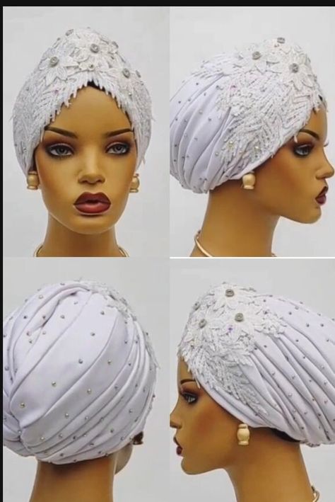 This is a premium quality product. Made from Cotton, Satin, Embellishement and diamante studs which are individually hand glued onto the turban. The turban can be used both as a scarf or as a head tie. The cotton is stretch cotton which makes it very comfortable on the head and very breathable. It's also very easy to wear. Stock is very limited for exclusivity. Studs are available on the BOW section ONLY and not throughout the cap/turban. This Stunning Pre-tied Side Studs headwrap comes in vario Turban Caps For Women, Turban Hats For Women, Turban Cap Style, White Headwrap, Turban Headband Diy, Turban Mode, Cap Outfits For Women, White Turban, Fascinator Hats Outfit