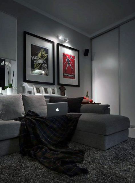 Mens Bachelor Pad Living Room With Grey Color Scheme Bachelor Pad Living Room Ideas, Living Room Ideas For Men, Grey Carpet Living Room, Wisteria Cottage, Bachelor Pad Living Room, Upstairs Loft, Small Apartment Design, Sofa Set Designs, Dorm Ideas