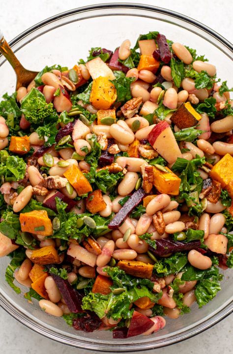 Fall Harvest Dense Bean Salad - Olivia's Kitchen Salad With Squash, Maple Dijon Dressing, Protein Pasta Salad, Bean Salads, Roasted Vegetable Pasta, Dijon Dressing, Protein Salad, Harvest Salad, Protein Pasta