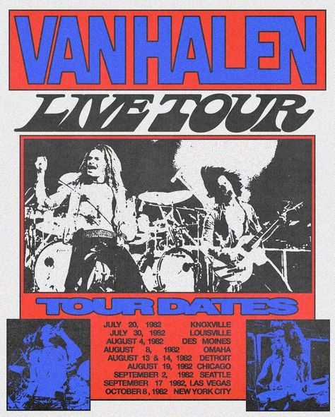 Echoes of Rock's Golden Era 🎸🔴🔵 This poster celebrates the @vanhalen 1982 live tour and reverberates with the raw energy of live music, captured in a halftone print that harks back to the gritty soul of 80's rock concerts.⁣ ⁣ Radical poster by @fairict⁣ ⁣ #indiefound #creativecommunity #inspiration #graphicdesign #rockposter #halftone #livemusic #vintageposter Vintage Rock And Roll Posters, Rock Tour Posters, 80 Poster Design, Rock Band Concert Poster, Old Rock Posters, 90s Tour Poster, Old Concert Posters, Rock Band Graphic Design, Heavy Metal Poster Design