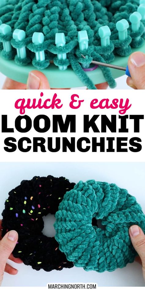 Learn how to make these quick and easy loom knit scrunchies in this step by step tutorial, free pattern and video! They make great last minute gifts and are easy on your hair if you use chenille yarn like I did in this pattern! | loom knitting for beginners | free loom knitting patterns | how to loom knit | DIY knitted scrunchies Loom Knitting Scrunchies, Loom Knit Scrunchies, Loom Knitting Scarf Easy, Loom Scarf Easy Diy Tutorial, Loom Knit Halloween Projects, Loom Blanket Beginner, Loom Knitting Blanket Beginner, Loom Knit Hat Patterns Free, Circle Loom Projects