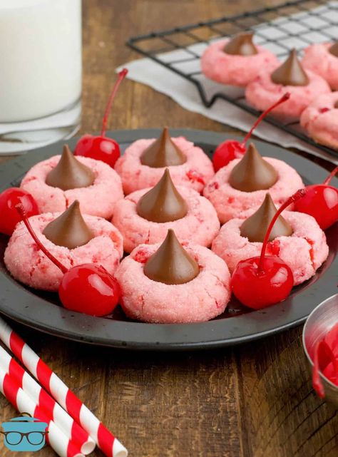 A plate of Cherry Blossom Cookies with a few cherries around the cookies on the plate. Cherry Blossom Cookies, The Best Cookies, Recipes Holiday, Best Cookies Ever, Cherry Cookies, Cookies Soft, Blossom Cookies, Kiss Cookies, Best Cookies