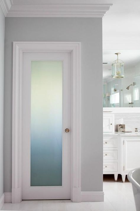 Fantastic bathroom boasts a frosted glass water closet door accented with a brass door knob. Bathroom Closet Door Ideas, Frosted Bathroom Door, Bathroom Door Ideas, Small Closet Door Ideas, Glass Bathroom Door, Pintu Interior, Frosted Glass Door, Toilet Door, Bathroom Closet