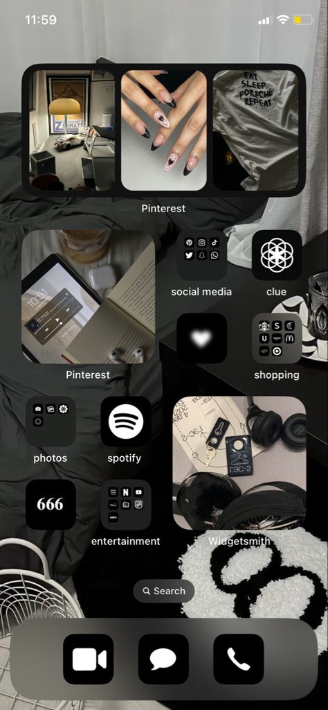 Black, Gray, & White color scheme for Iphone layout Black Aesthetic Homescreen Layout, Ios 16 Home Screen Ideas White And Black, Minimalist Iphone Layout Black, Black And White Phone Layout, Black And White Iphone Layout, Black And White Iphone Aesthetic Layout, Dark Aesthetic Iphone Home Screen Layout, Homescreen Layout Black And White, What's My Aesthetic