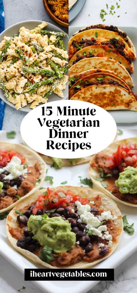 No time to cook? Try one of these 15 minute vegetarian dinner recipes! These ideas are perfect when you’re short on time but you want to enjoy a delicious, healthy meal! Easy Vegetarian Dinner Healthy, Healthy Lunches And Dinners, Healthy Vegetarian Dinner Recipes For Family, Simple Meals For Dinner Vegetarian, Easy Meal Plan Recipes, Quick Wfpb Dinner, Light Vegetarian Dinner Recipes, No Food At Home Recipes, Quick Dinner Ideas Healthy Vegetarian Recipes