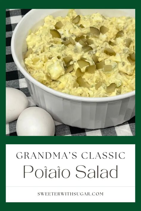 Grandma's Potato Salad is a classic potato salad made with tender potatoes, hard boiled eggs, onion, celery and dill pickles. #PotatoSalad #SideSalads #ClassicSaladRecipes #SidesForBarbecues Potato Salad With Sweet Pickles, Potato Salad With Pickles, Dill Pickle Potato Salad Recipe, Dill Potato Salad Recipe, Egg Salad With Dill, Dill Pickle Potato Salad, Sweet Pickles Homemade, Delicious Potato Salad, Amish Potato Salads