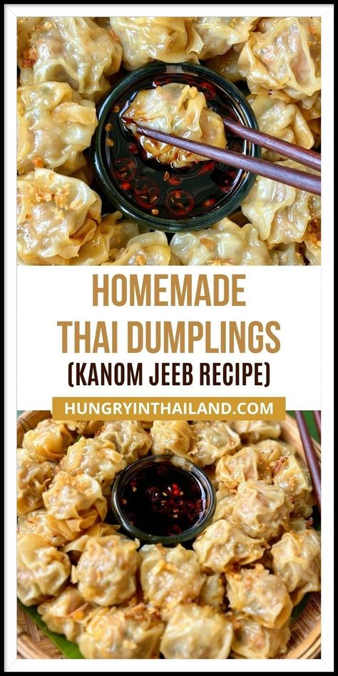 Get the most delicious homemade Thai steamed dumplings with this kanom jeeb recipe! Packed with a flavorful pork filling, these dumplings are easy to make, healthy, and perfect for snacking or serving as an appetizer. Follow the simple rolling instructions and enjoy them with a tasty dipping sauce for any occasion. Thai Pork Recipes, Thai Appetizer Recipes, Asian Snack Recipes, Thai Dumplings, Keto Asian Recipes, Homemade Dipping Sauce, Party Snacks Appetizers, Authentic Thai Recipes, Thai Appetizer