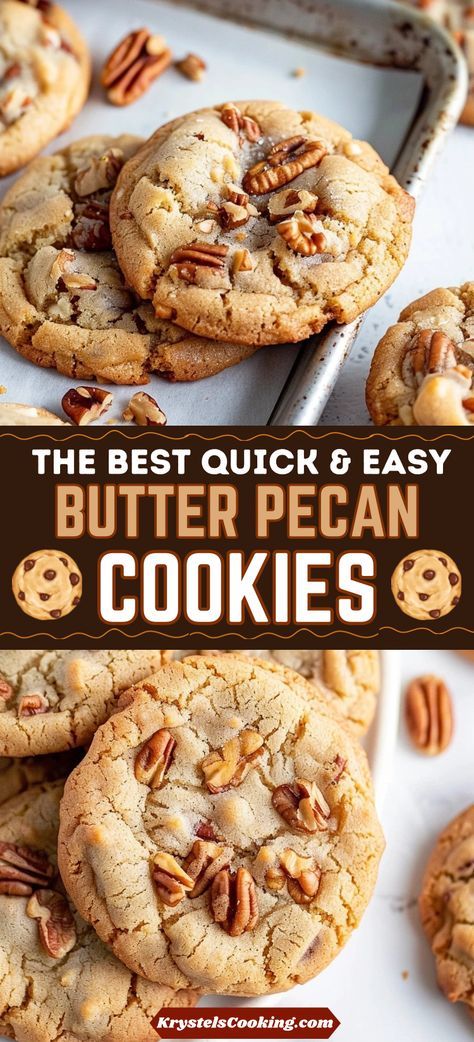 Easy Southern Butter Pecan Cookies: Indulge in the chewy goodness of these easy butter pecan cookies. Perfect for fall, these cookies combine the rich flavors of brown sugar and pecans in every bite. Try this southern classic today! Laura Bushs Cowboy Cookies, Quick And Easy Fall Cookies, Brown Sugar Pecan Cookies Recipe, Nutty Pecan Delight Cookies, Cookie Jar Cookies Recipes, Butter Pecan Dessert Recipes, Buttered Pecan Cookies, Best Pecan Cookie Recipes, Butter Pecan Shortbread Cookies Recipe