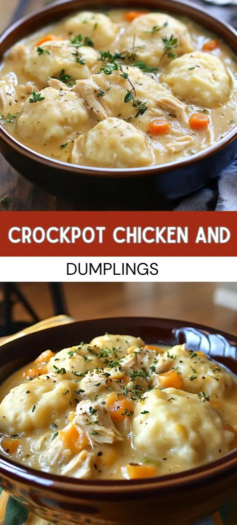 CrockPot Chicken and Dumplings Chicken And Dumpling Soup, Skinnyish Dish, Crockpot Chicken And Dumplings, Crockpot Meal, Dumpling Soup, Chicken Dumplings, Weight Watchers Chicken, Homemade Dumplings, Dumplings For Soup