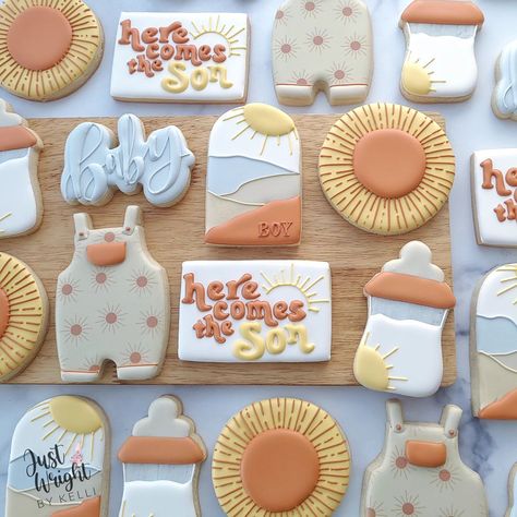 Here Comes The Son! A baby shower set that's bright and joyful, just like the parents-to-be. I wish them so much happiness as they welcome a baby boy into their family. I'll post the cake to match in a little while ☀️ . . . #herecomestheson #suncookies #decoratedsugarcookies #southernNH #localnhbusiness #babyonesie #babyboy #Merrimacknh #merrimackbaker #nashuanewhampshire #Manchesternh #Bedfordnh #hollisnh #bohostyle #bohobaby #boy #sugarcookiesofnstagram #babyshowertheme #herecomesthesun Here Come The Son Baby Shower Ideas, Boy Summer Baby Shower Ideas, Here Comes The Son Baby Shower Cookies, Here Comes The Son Decor, Baby Shower Here Comes The Son, Summer Baby Shower Ideas For Boys Themes, Here Comes The Son Baby Shower Food, Here Comes The Son Baby Shower Cake, Boy Sprinkle Shower Ideas