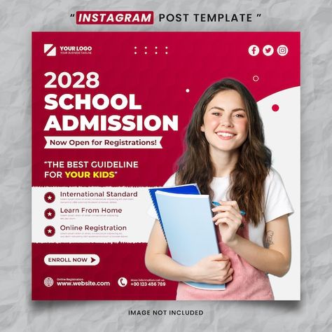 Red school admission media social post t... | Premium Vector #Freepik #vector #study-post #student-post #admission-poster #college-poster College Posters Design, Student Social Media Design, College Admissions Poster, College Social Media Design, College Social Media Post Design, College Poster Design Ideas, College Admission Poster Design, Graphic Designing Post, School Posters Design