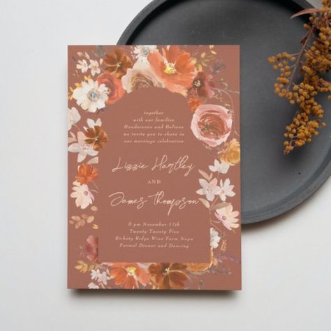 Modern Terracotta Desert Floral Boho Arch Wedding Invitation Arch Wedding Invitation, Bold Wedding Invitations, Boho Wedding Invitation Template, Wedding Invitation Message, Popular Wedding Invitations, Wedding Invitation Elegant, Boho Arch, Dark Desert, Elegance Wedding