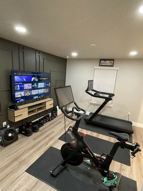 Gym Tv Room, Sports Room Basement, Home Gym Asethic, Weight Room Ideas Home Gyms Small Spaces, Inside Home Gym Ideas, Home Gym And Game Room, Home Gym Ideas For Women, Game Room Gym Combo, Work Out Rooms At Home